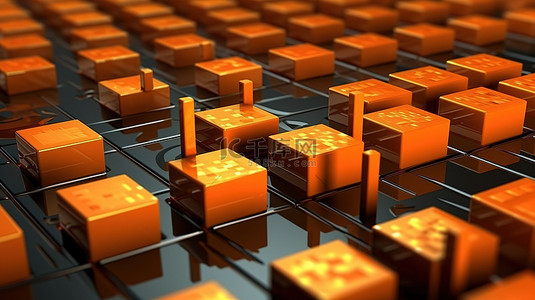 块图的 3D 渲染，带有充满活力的橙色箭头，描绘财务收益证券交易所和业务概念