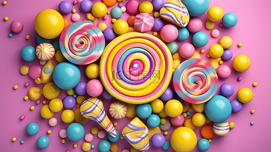 粉红色黄色背景图片_充满活力的糖果组合物紫色背景下粉红色蓝色和黄色糖果的 3D 插图