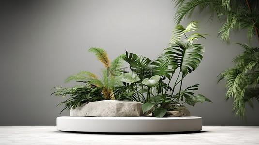 3D 渲染的产品展示与天然植物，逼真的促销