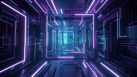 紫色和蓝色抽象几何背景的赛博朋克广告技术令人惊叹的 3D 渲染
