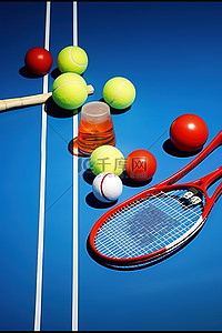 蓝色桌子背景图片_蓝色桌子上的网球和球拍