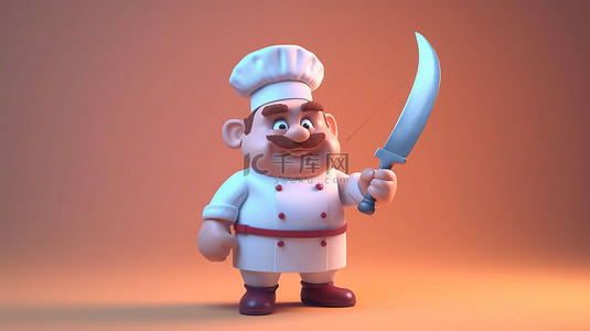 厨师卡通厨师背景图片_卡通厨师挥舞着 3D 渲染的巨大刀片