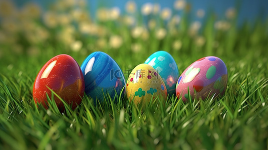 绿色春天春暖花开背景图片_复活节彩蛋在绿色草地上近距离进行 3D 渲染