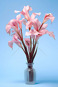 粉色卡背景图片_蓝色背景花瓶中的粉色鸢尾花
