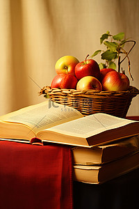 一本打开的书坐在一篮子苹果旁边