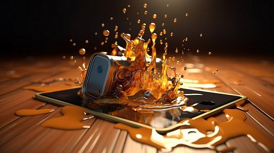 手机容器背景图片_石油工业中原油飞溅的 3D 渲染中的桶和智能手机