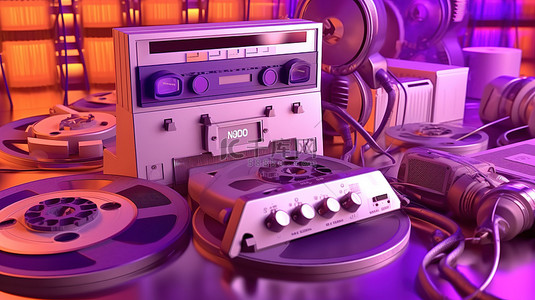 紫色主题 3D 渲染，在磁带和耳机中设有录音机