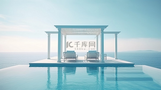 别墅蓝色背景图片_豪华泳池别墅，配有令人惊叹的沙滩椅和户外休息区 3D 渲染夏季蓝海和天空