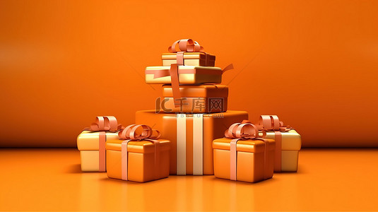 圣诞礼盒礼物背景图片_橙色礼物，具有定制文本 3D 可视化空间