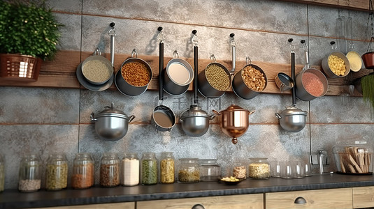 美食干货背景图片_3D渲染的锅架展示厨具干货和活调味料