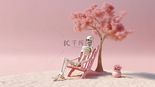 柔和的粉色和金色树 3D 渲染，在沙滩椅登陆页面模型上有一个放松的骨架