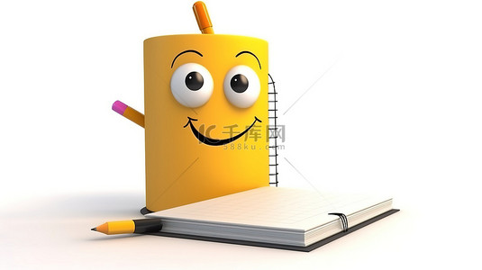 站在个人日记或组织书旁边的卡通铅笔人物的 3D 渲染，白色背景上有空白页