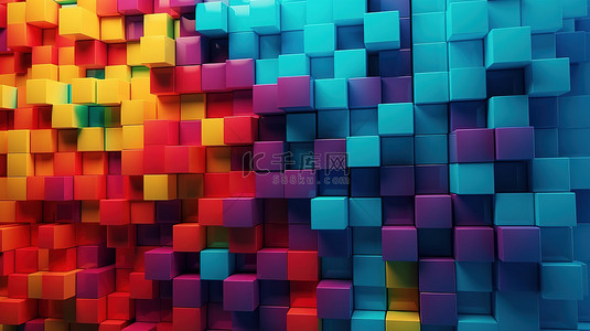 彩色格式背景图片_带有彩色立方体的几何墙，水平格式的 3D 渲染抽象设计