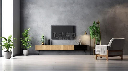 现代客厅配有电视柜扶手椅和混凝土墙上的植物 3d 渲染