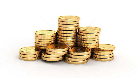 白色背景上象征金融的一堆金币的 3D 渲染
