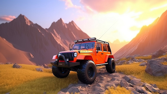 山区背景下带儿童模型车的越野冒险 3D 插图