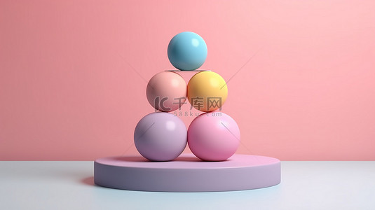 柔和的粉红色儿童产品基座，具有彩虹球和蓝色圆环几何 3D 渲染