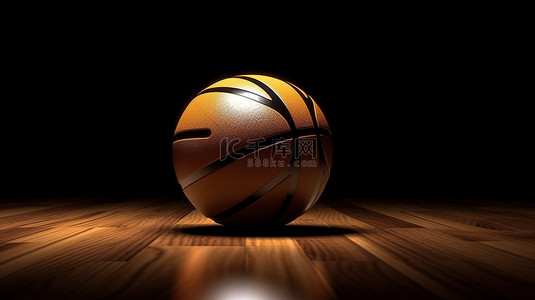 深色体育场背景图片_黑色镶木地板背景上篮球的 3d 插图
