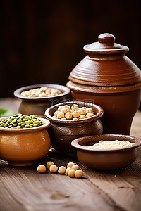 小豆子背景图片_木桌上的小陶瓷罐，里面有豆子和豌豆