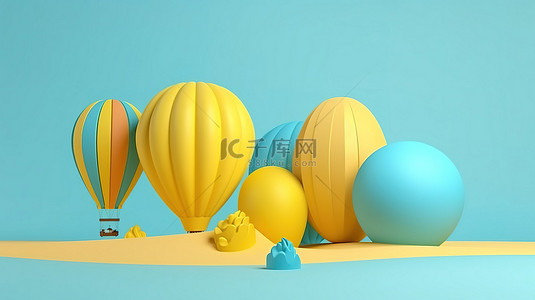 热带装饰背景图片_黄色背景下 3D 渲染的蓝色讲台上装饰着柔和的充气玩具和沙滩伞
