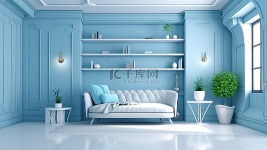 日本元素背景图片_令人惊叹的走廊概念，配有白色和蓝色配色方案的沙发和带有精致室内装饰元素的双搁架单元