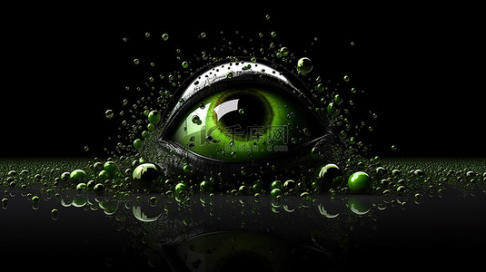 阴森恐怖的万圣节横幅的 3D 渲染，其特点是绿色有毒液体和深色背景上的黑眼睛