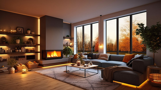 温暖壁炉背景图片_斯堪的纳维亚农舍风格客厅的夜间舒适 3D 渲染插图与现代温暖的内饰和壁炉