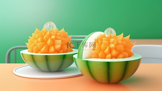 水果，好吃的背景图片_卡通风格 3d 渲染 bingso 亚洲韩国刨冰甜点与橙色和绿色甜瓜，为清爽的夏日款待