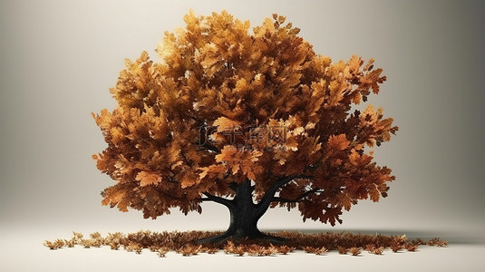 自然的秋季主题 3d 渲染插图橡树与棕色叶子