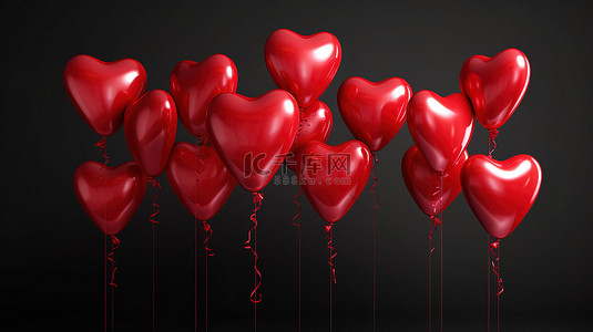 周年庆横幅背景图片_欢快的红色心形气球，在令人惊叹的黑色背景 3D 渲染水平横幅上庆祝生日