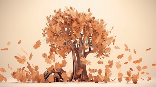 卡通枫树背景图片_棕色干树的秋季自然设计卡通风格 3D 渲染