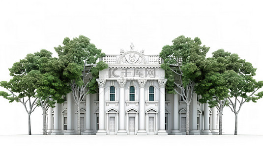 经典建筑，柱子郁郁葱葱，有空间用于在 3D 渲染的白色背景上进行定制设计
