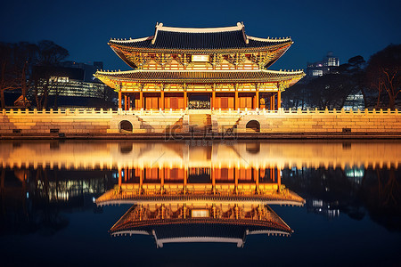 守护一座城背景图片_夜晚河边一座优雅的韩国宫殿