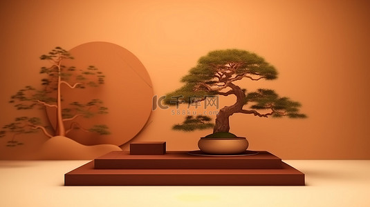 棕色背景突出了 3D 渲染的日式抽象讲台和盆景树
