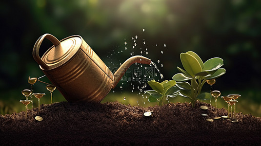 装满硬币的喷壶与茂密植物的 3d 插图