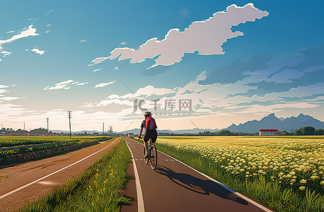 一个人骑着自行车经过田野