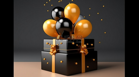 令人愉快的黑色礼盒 3D 插图，配有金色惊喜蛋糕和俏皮的气球
