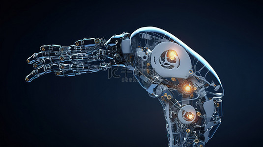 机器人技术与 AI 3D 渲染手臂相结合，手持代表机器学习的多边形大脑