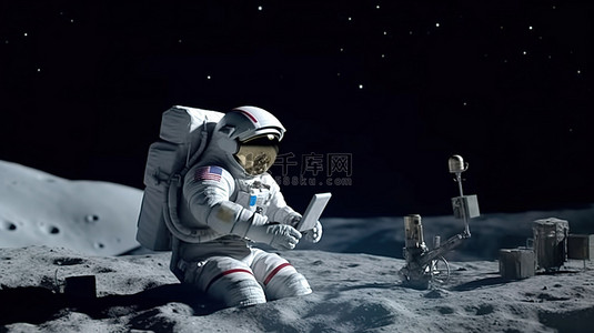 在月球太空殖民地使用科学笔记本电脑工作的宇航员的视角