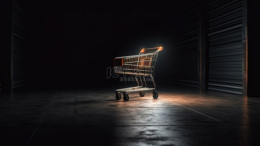 价格标签挂在黑色讲台顶部的购物车手柄上，光线昏暗，以 3D 形式展示