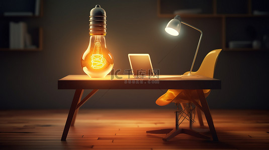 带笔记本电脑和椅子的灯泡形办公桌是 3D 渲染中的创意概念