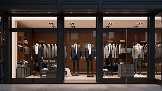 购物中心男装店面的 3D 模型，以西装衬衫和连衣裙为特色
