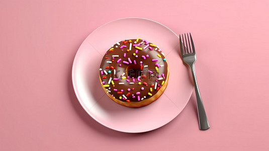烤美味背景图片_美味的巧克力釉面甜甜圈，上面撒着彩色的糖粉，配上叉子和刀子，放在粉红色的背景上，从上面看 3D