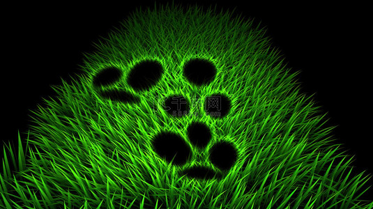 青翠草地上动物足迹剪影的 3d 插图