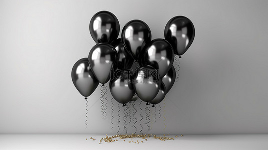 3d 渲染的浅色背景中逼真的黑色气球庆祝活动