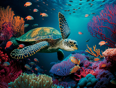 動物背景背景图片_海龟红珊瑚礁美丽的海洋世界背景