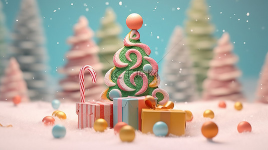 欢乐的节日雪圣诞树和糖果礼品盒在柔和的色调背景 3D 渲染