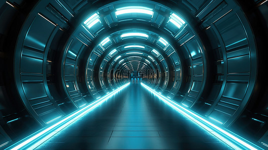 未来太空飞船隧道中明亮走廊的 3D 渲染