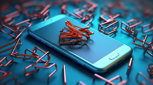 3d 插图蓝色背景与智能手机和回形针