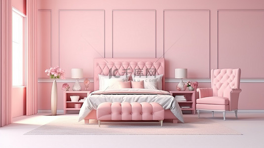 柔软优雅的粉红色卧室配有时尚的家具镜子扶手椅和桌子 3D 渲染